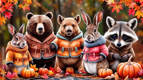 Happy Halloween banner, autumn season in fun animal characters in Winter clothing with standing in A close-up shot, a vibrant autumn forest 