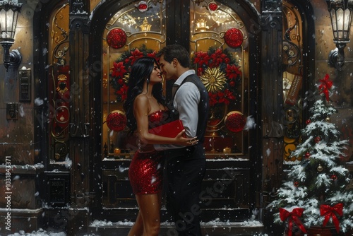 A couple shares a romantic moment outside a beautifully decorated entrance during a snowy winter evening