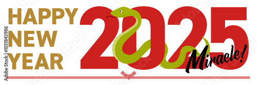 2025年をイメージした巳とhappy new yearの年賀状_横長
