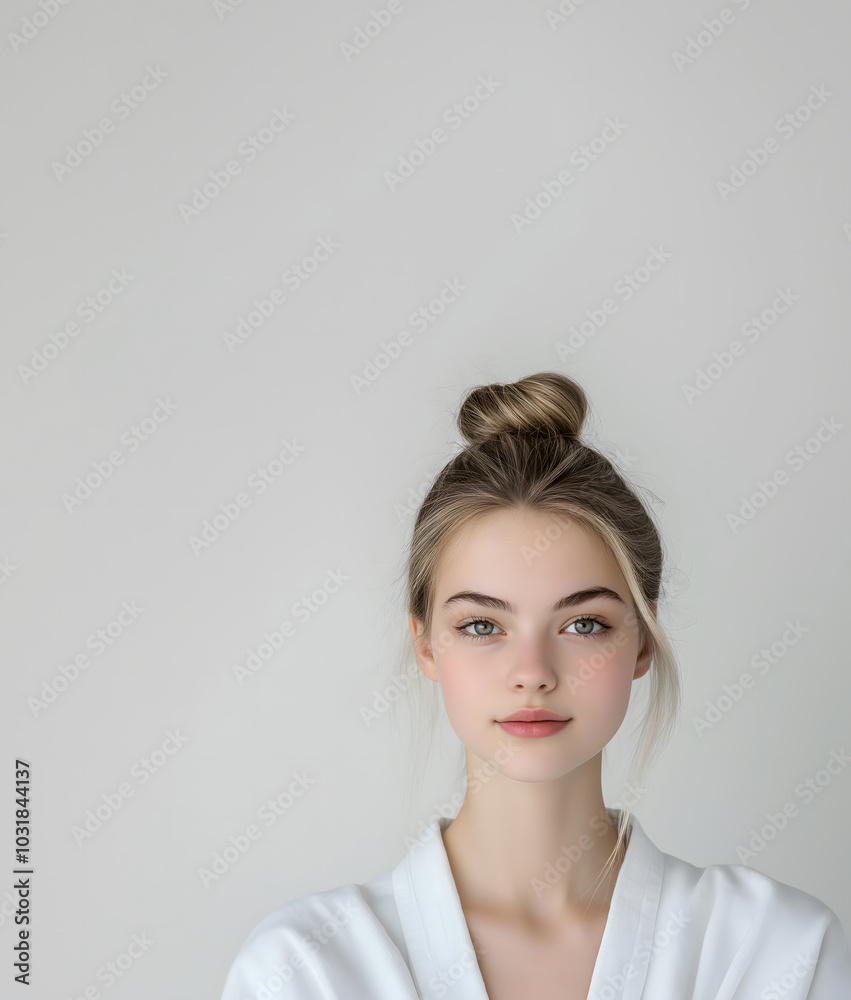 Minimalist Portrait of a Young Woman in a White Robe with a Calm Expression Minimalist Portrait of a Young Woman in a White Robe with a Calm Expression