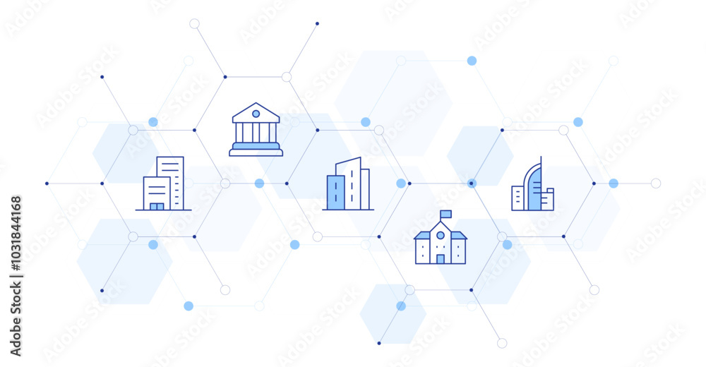 Building Banner Vector Illustration with Icon Style in Between. Line Duotone icon. Containing company, school, courthouse, building Building Banner Vector Illustration with Icon Style in Between. Line Duotone icon. Containing company, school, courthouse, building