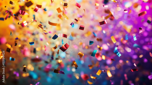 Vibrant Confetti Explosion Captured Mid-Air with Colorful Motion and Gradient Background