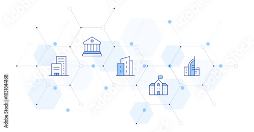 Building Banner Vector Illustration with Icon Style in Between. Line Duotone icon. Containing company, school, courthouse, building