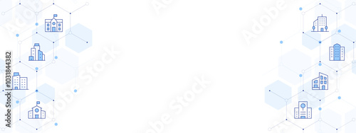 Building Banner Vector Illustration with Two-sided Icon Style. Line Duotone icon. Containing middle school, school, research center, modern house, buildings, apartment, building trade, office building