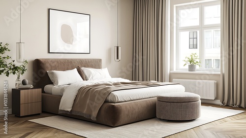 Elegant and Cozy Modern Bedroom Interior Design with Stylish Decor, mockup, poster and Background