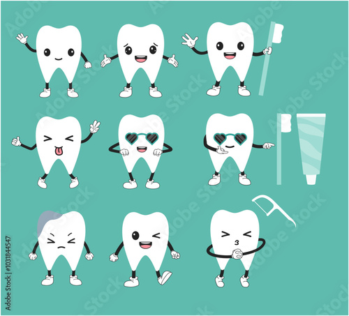 Set of tooth character mascot. Toothcare concept  
