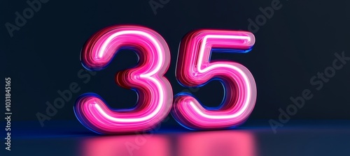 Luminous Pink Neon Number 35, Isolated on Dark Blue Background with Reflections. 3D Illustration.