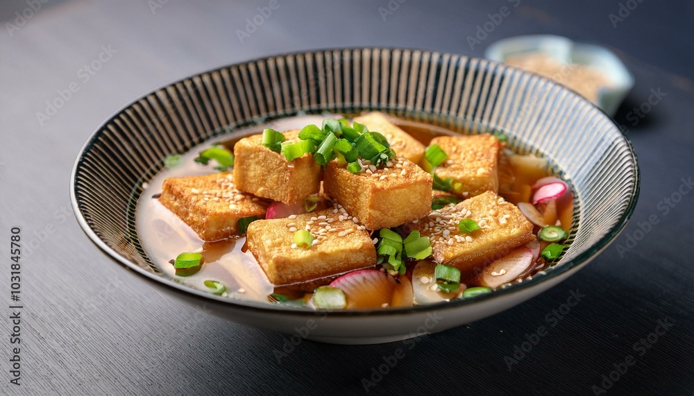 だしベースのスープでカリカリに揚げた油揚げに、大根おろし、ネギ、煎り胡麻を添え、上品な陶板に盛り付けました。 だしベースのスープでカリカリに揚げた油揚げに、大根おろし、ネギ、煎り胡麻を添え、上品な陶板に盛り付けました。