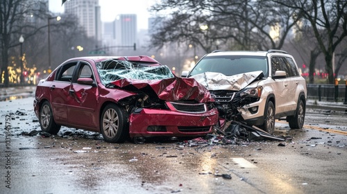 Two Crashed Cars After Accident on City Road 