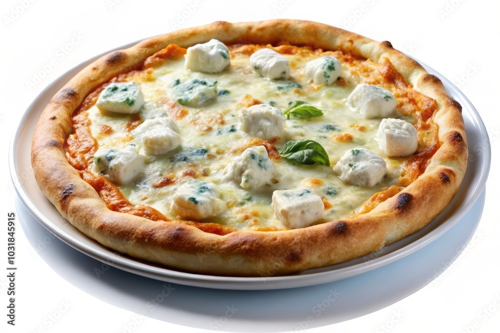 Italian pizza Quattro Formaggi with four cheese mozzarella, gorgonzola, parmesan, ricotta on white background isolated Italian pizza Quattro Formaggi with four cheese mozzarella, gorgonzola, parmesan, ricotta on white background isolated