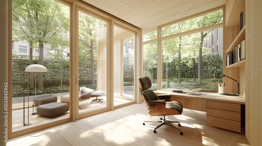 Minimalist workspace with a wooden desk, ergonomic chair, and large windows allowing natural light to flood the room Minimalist workspace with a wooden desk, ergonomic chair, and large windows allowing natural light to flood the room