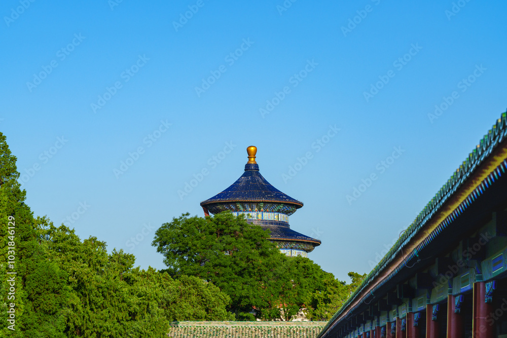 Overlooking the Hall of Prayer for Good Harvest through palace roof in the Temple of Heaven, a major landmark and travel destination in Beijing, China Overlooking the Hall of Prayer for Good Harvest through palace roof in the Temple of Heaven, a major landmark and travel destination in Beijing, China