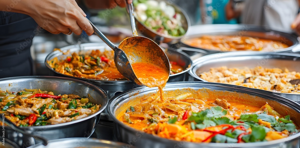 Naklejka premium A person serving vibrant dishes from a buffet of various cuisines.
