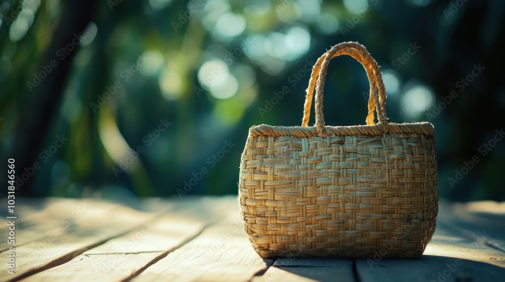 Wicker Basket on Wooden Plank Wicker Basket on Wooden Plank