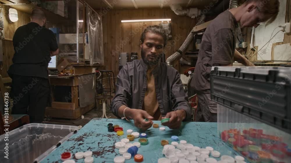 Medium shot of Indian male workshop employee sitting at table, sorting bottle caps for recycling, Caucasian man carrying sacks of waste material, colleague operating machine in background Medium shot of Indian male workshop employee sitting at table, sorting bottle caps for recycling, Caucasian man carrying sacks of waste material, colleague operating machine in background