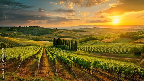 Glorious Tuscan Vineyards Bathed in the Splendor of a Sunset