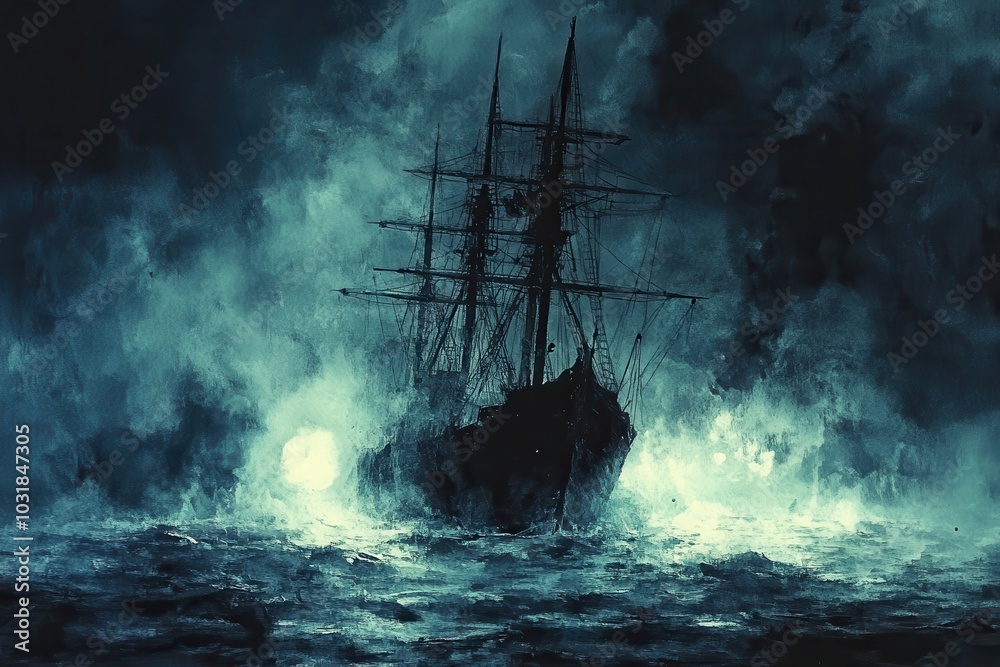 Obraz premium Mysterious ship navigates through a stormy sea, surrounded by dark waves and eerie fog, capturing the essence of adventure and danger.