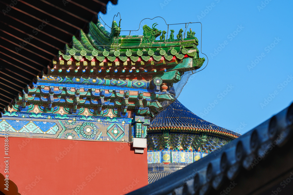 Overlooking the Hall of Prayer for Good Harvest through palace roof in the Temple of Heaven, a major landmark and travel destination in Beijing, China Overlooking the Hall of Prayer for Good Harvest through palace roof in the Temple of Heaven, a major landmark and travel destination in Beijing, China