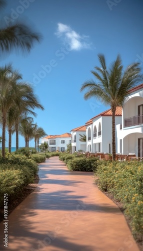 Tropical resort with white buildings, palm trees, and a pathway leading to the beach.