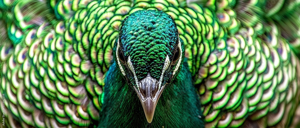 Obraz premium A tight shot of peacock feathers, slightly blurred background of its head