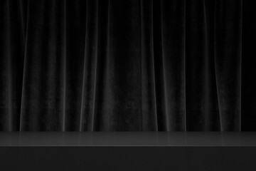 Black velvet curtain background with empty stage table platform. Showcase interior podium mockup for luxury product placement. Black friday, christmas and new year sale promotion template design.