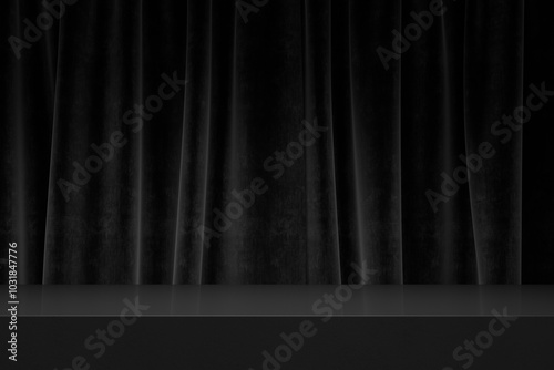 Black velvet curtain background with empty stage table platform. Showcase interior podium mockup for luxury product placement. Black friday, christmas and new year sale promotion template design.