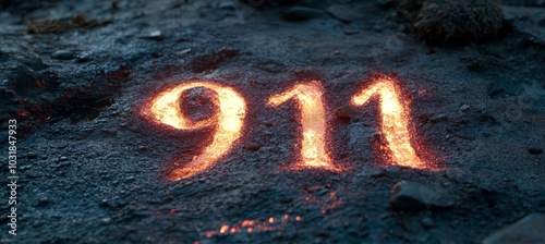 Glowing Emergency Number 911 Written in Dark Sand at Night, Concept for Emergency Call