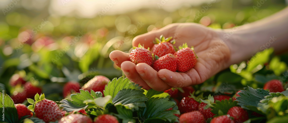 hand holding fresh strawberry fruit with leaves and beautiful field of strawberry plants with golden sunlight background hand holding fresh strawberry fruit with leaves and beautiful field of strawberry plants with golden sunlight background