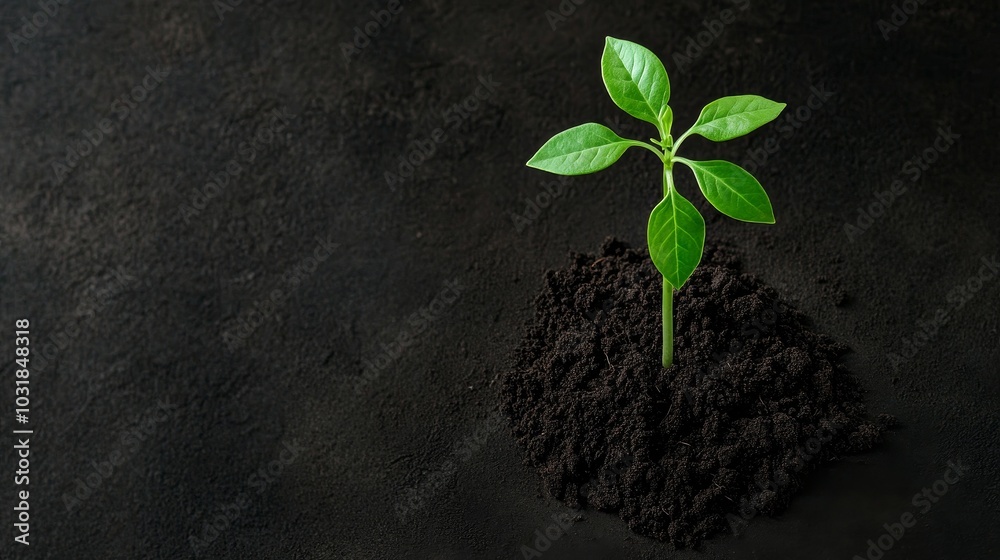 Naklejka premium A single green plant sprout emerges from dark, fertile soil, symbolizing new beginnings, growth, hope, and resilience.
