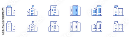 Building icon set in two styles, Duotone and Thin Line style. Editable stroke. building, middle school, company, apartment
