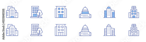 Building icon set in two styles, Duotone and Thin Line style. Editable stroke. building, company, government, condominium, buildings