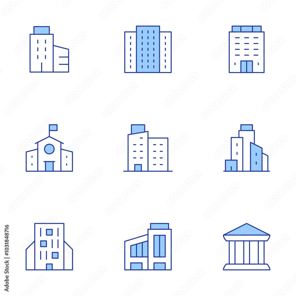 Building icons set. Line Duotone style, editable stroke. building, polling place, middle school, company, bank, buildings, apartment Building icons set. Line Duotone style, editable stroke. building, polling place, middle school, company, bank, buildings, apartment