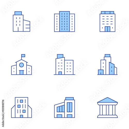 Building icons set. Line Duotone style, editable stroke. building, polling place, middle school, company, bank, buildings, apartment