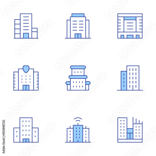 Building icons set. Line Duotone style, editable stroke. building, office, migration, condo, smart city, architecture