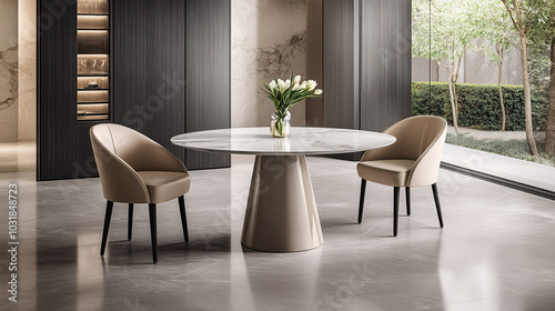 Modern minimalist dining space with two beige upholstered chairs, a round marble table, and a single vase with fresh tulips