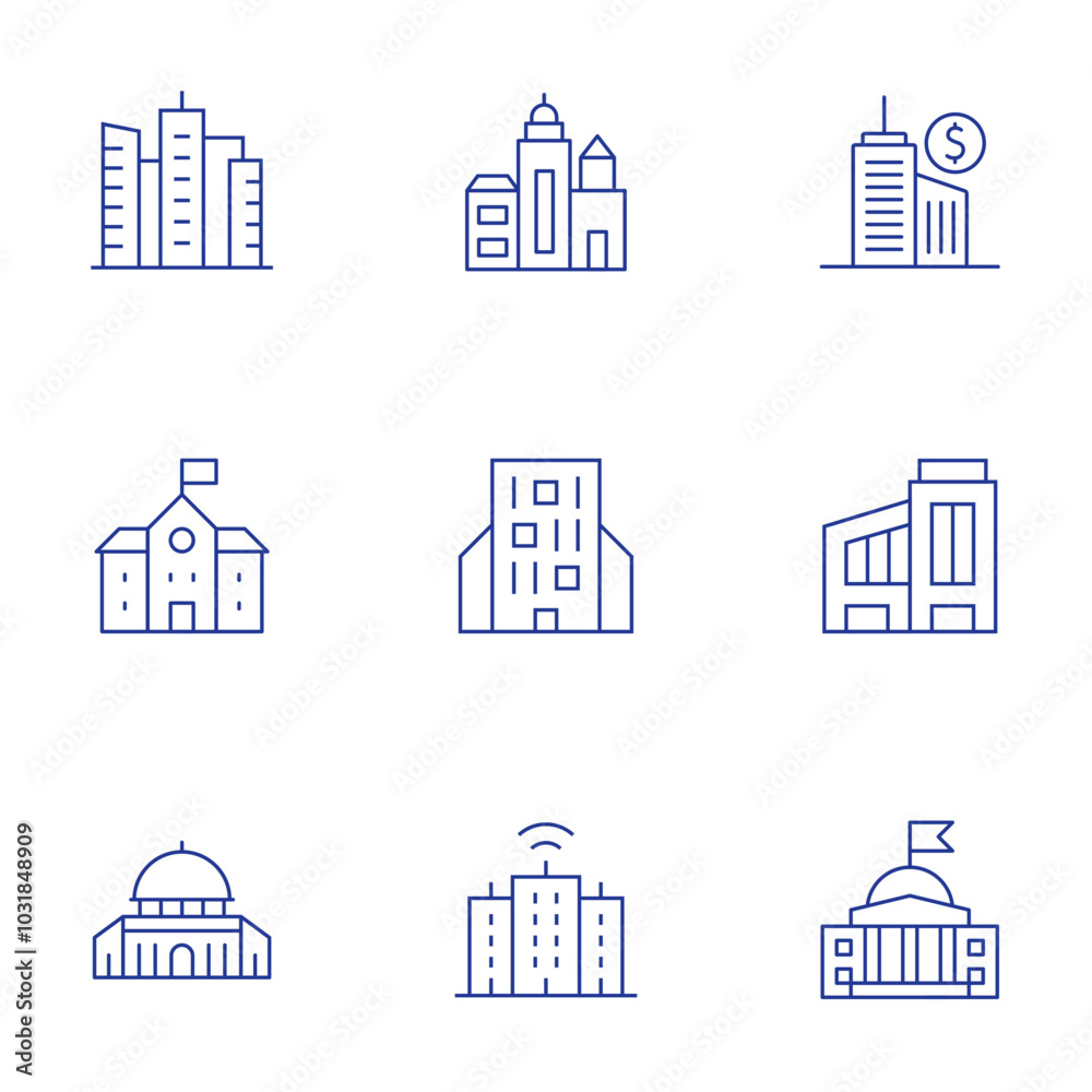 Building icons set. Thin Line style, editable stroke. buildings, business center, company, embassy, smart city, dome of the rock, school Building icons set. Thin Line style, editable stroke. buildings, business center, company, embassy, smart city, dome of the rock, school