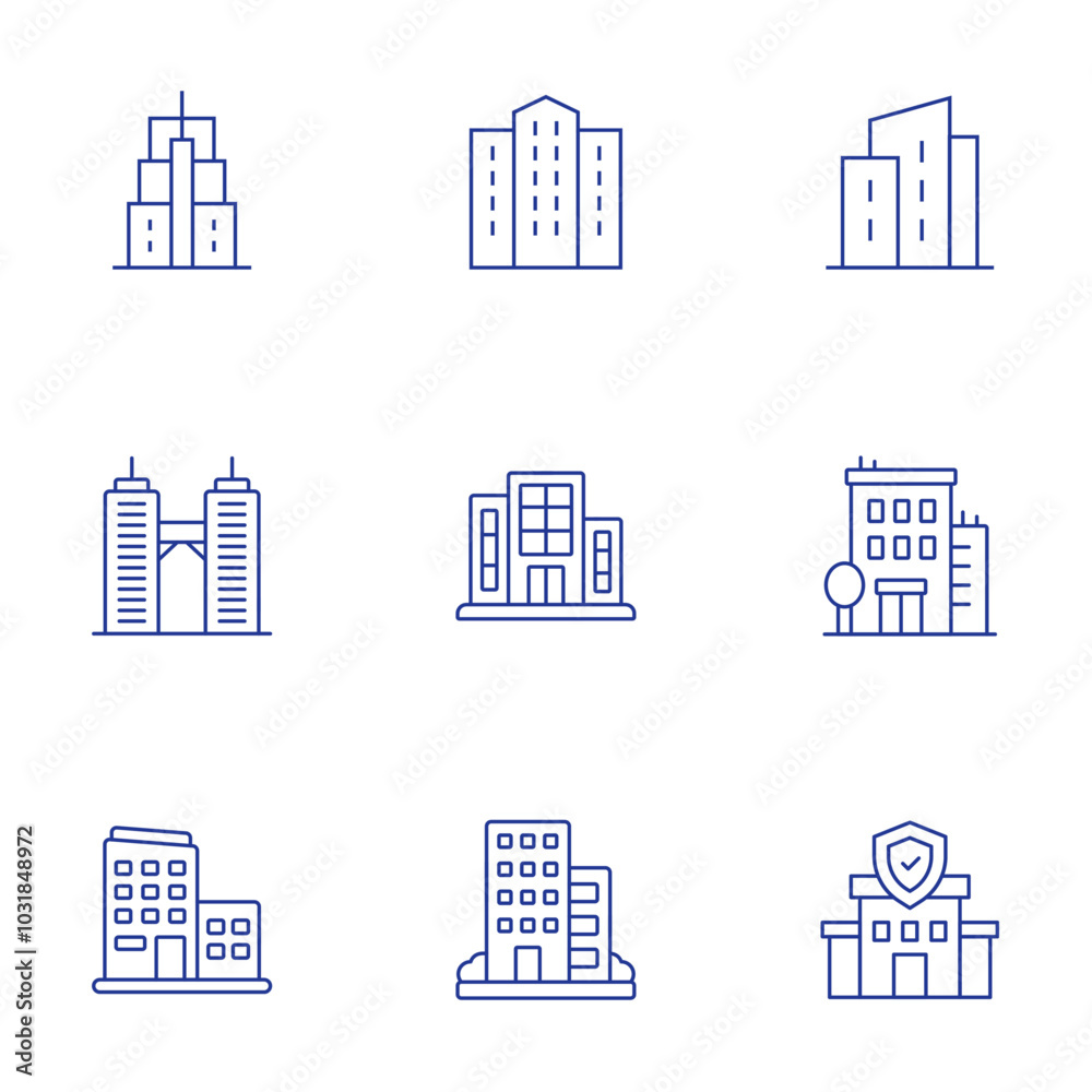Building icons set. Thin Line style, editable stroke. office, twin towers, insurance, office building, building, building trade