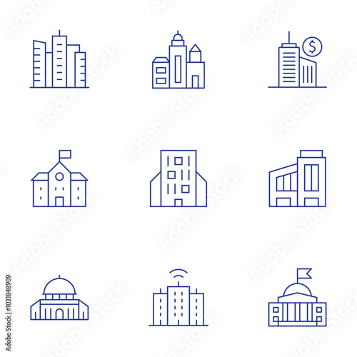 Building icons set. Thin Line style, editable stroke. buildings, business center, company, embassy, smart city, dome of the rock, school