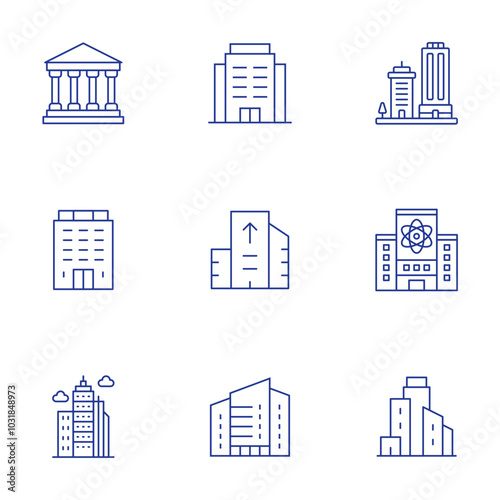 Building icons set. Thin Line style, editable stroke. museum, office, polling place, real estate, skyline, skyscraper, laboratory, building, buildings