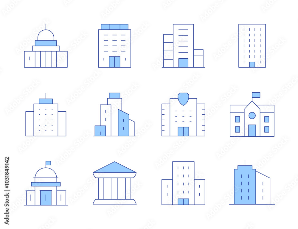 Building icons. Line Duotone style, editable stroke. polling place, migration, school, city hall, condo, capitol, bank, buildings, building Building icons. Line Duotone style, editable stroke. polling place, migration, school, city hall, condo, capitol, bank, buildings, building