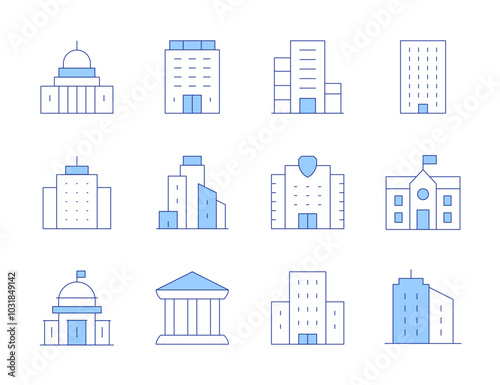 Building icons. Line Duotone style, editable stroke. polling place, migration, school, city hall, condo, capitol, bank, buildings, building