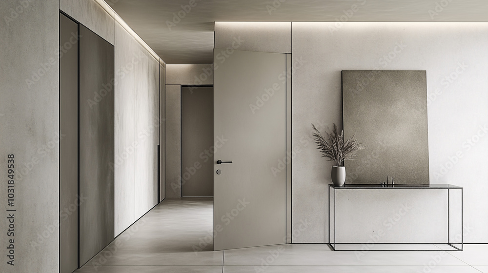Fototapeta premium Modern minimalist hallway with light gray walls, abstract geometric artwork, and a thin metal console table with a potted plant