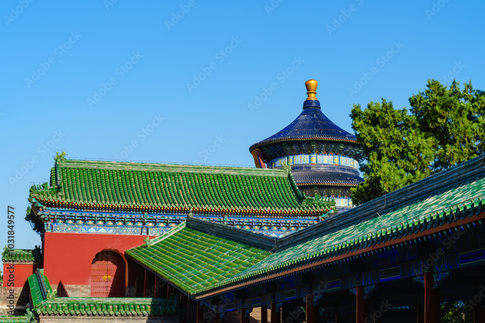 Overlooking the Hall of Prayer for Good Harvest through palace roof in the Temple of Heaven, a major landmark and travel destination in Beijing, China Overlooking the Hall of Prayer for Good Harvest through palace roof in the Temple of Heaven, a major landmark and travel destination in Beijing, China