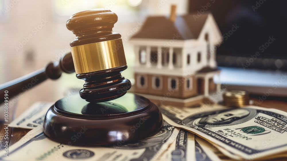 A gavel rests on a stack of US dollar bills with a miniature house in the background, representing the concept of real estate law or foreclosure.