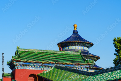 Overlooking the Hall of Prayer for Good Harvest through palace roof in the Temple of Heaven, a major landmark and travel destination in Beijing, China