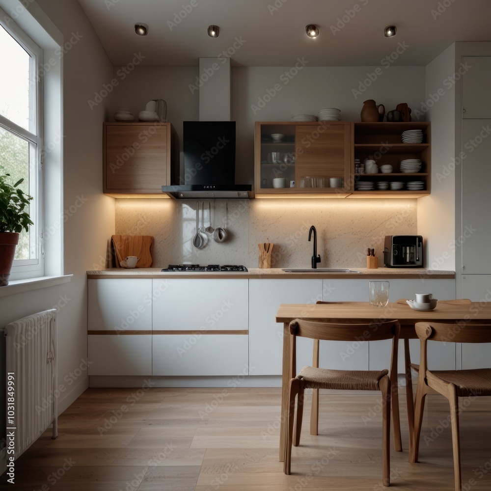 Fototapeta premium Modern kitchen with white cabinets, wood countertops, and a dining table with two chairs.