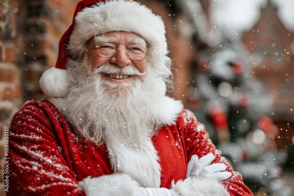 Cheerful Santa Claus smiling warmly amidst falling snow near a Christmas tree in a festive setting during the holiday season Cheerful Santa Claus smiling warmly amidst falling snow near a Christmas tree in a festive setting during the holiday season
