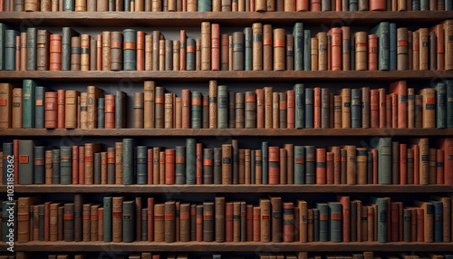 Seamless bookshelf texture featuring vintage books in natural colors with soft lighting in high resolution