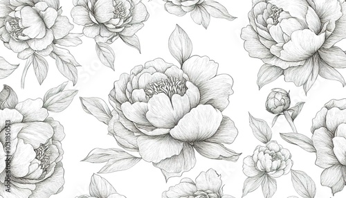 Black and White Peony Floral Seamless Pattern textile background, Vintage Botanical modern floral stylish Design illustration for decoration, wall decor, wallpaper, cover, banner, poster, card