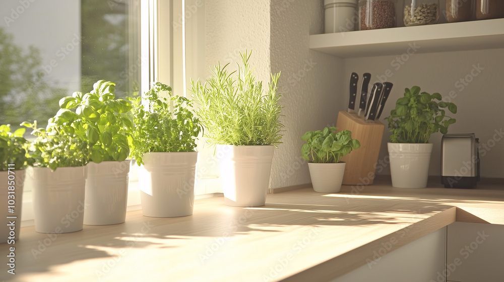 Modern minimalist kitchen with white open shelving, light wood countertops, and potted herbs as decor Modern minimalist kitchen with white open shelving, light wood countertops, and potted herbs as decor